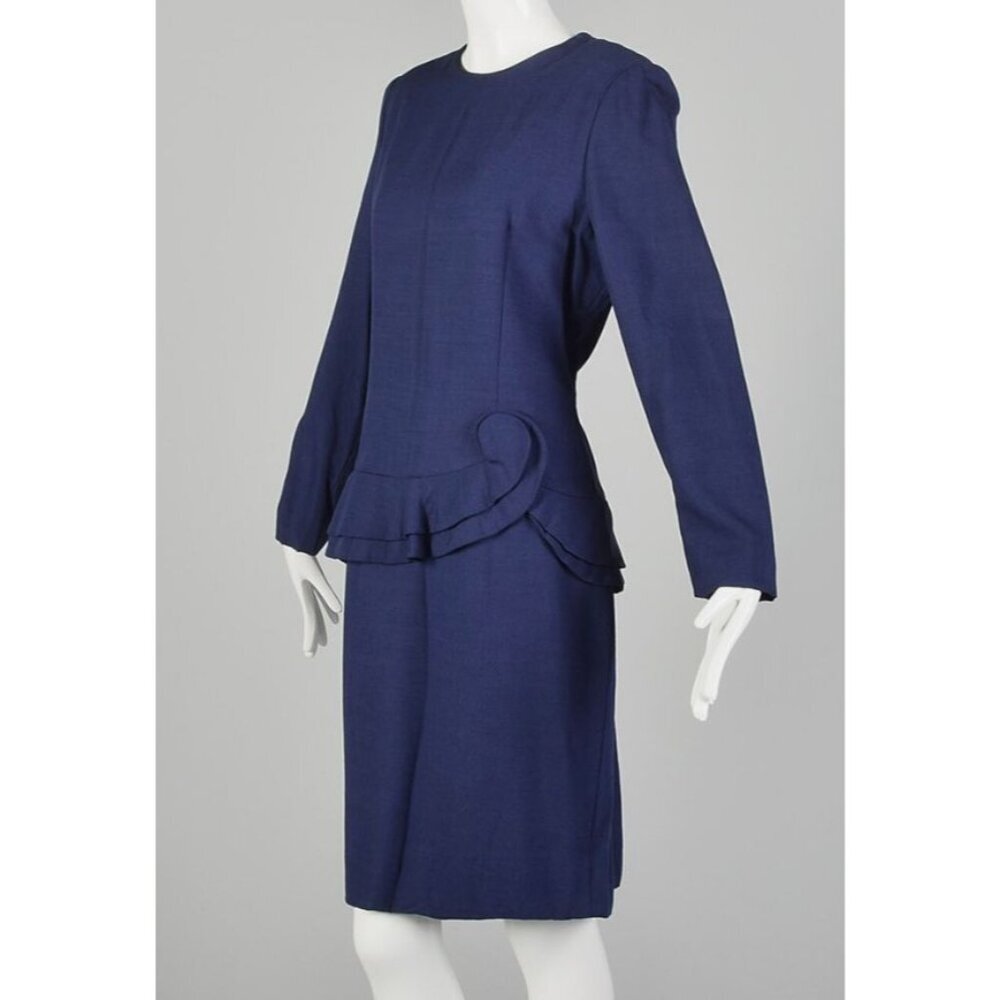 Carolina Herrera Vintage Dress Blue Peplum Long Sleeve Drop Waist Size US 2 [jb]
